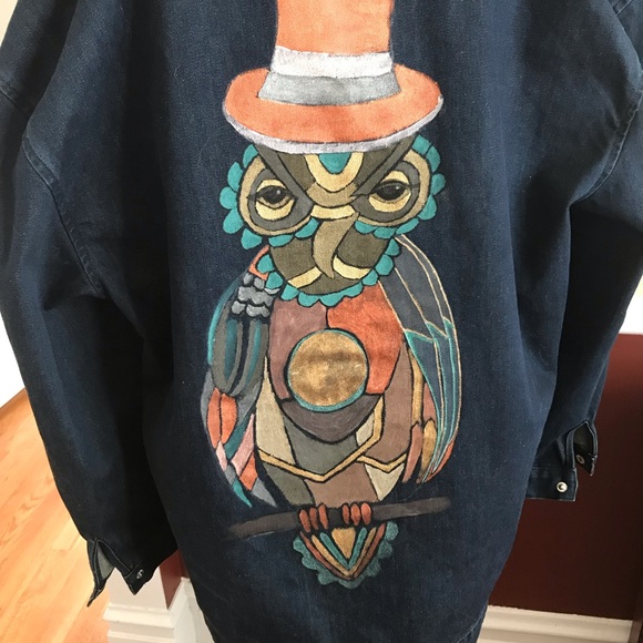 Jean Jacket Hand Painted Steampunk Owl - Picture 4 of 7